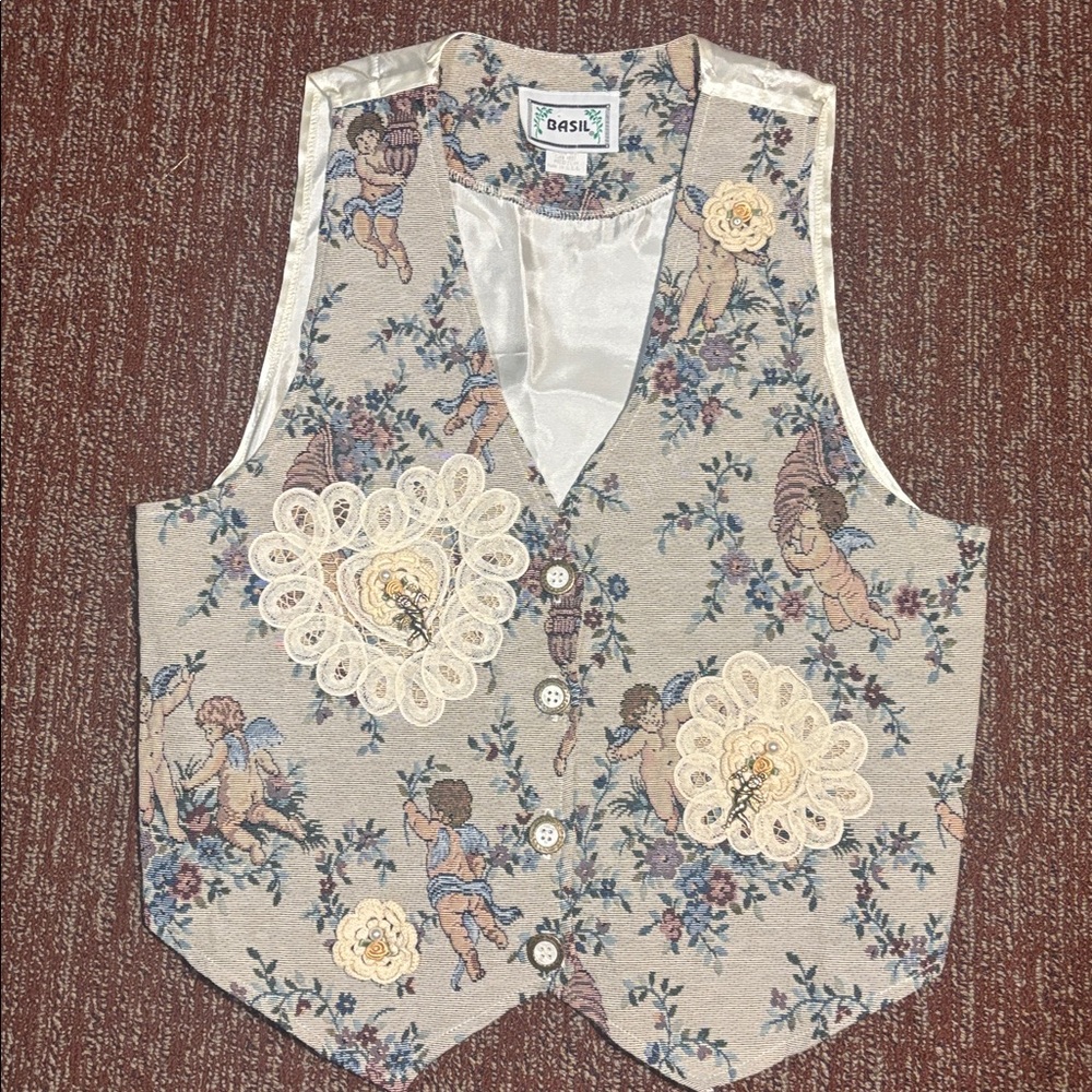 Floral Cherub Tapestry Vest vintage lace detail unique tan button up women’s M